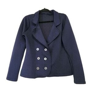 Vtg Quilted Heart Print Jacket Womens M Navy Cottage Grandmacore Double Breasted